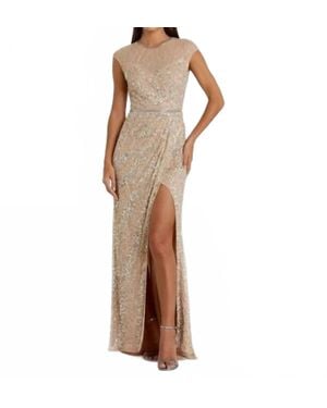 Mac Duggal Embellished Illusion High Neck Cap Sleeve Gown - Brown