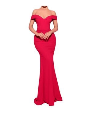 Tarik Ediz Off-Shoulder Floor-Length Evening Gown - Red
