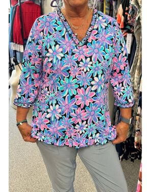 Lulu-B Ruffle Trim V-Neck Floral Top - Blue