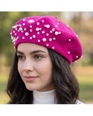 Fashnzfab Pearl Rhinestone Embellished Winter Beret Hat - Pink