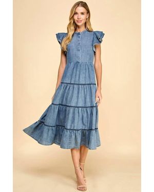 TCEC Denim Button Down Ruffle Sleeves Midi Dress - Blue
