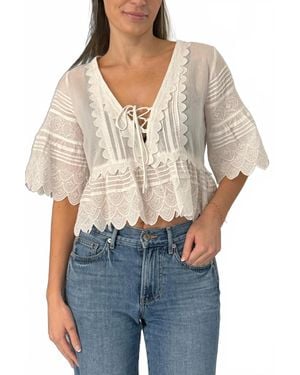 LoveShackFancy Lucce Three Quarter Sleeve Top - Blue