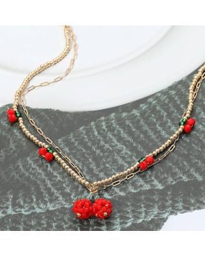 Fashnzfab Seed Beaded Cherry Charm Station Layered Necklace - Gray
