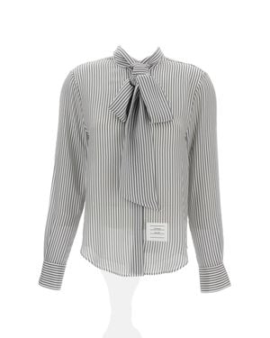 Thom Browne Striped Silk Shirt With Detachable Tie Collar And Signature Details - Gray