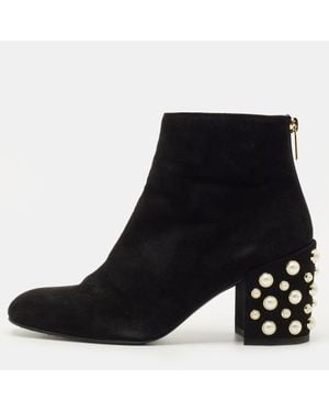 Stuart Weitzman Suede Faux Pearls Ankle Boots - Black