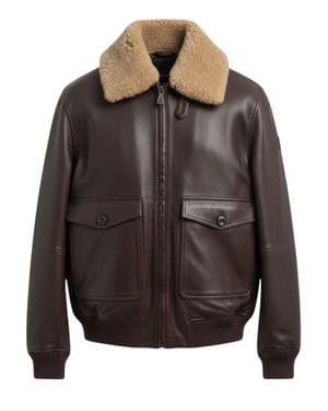 Peuterey Leather Jacket With Shearling Collar And Ribbed Details - Gray