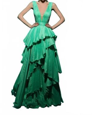 Tarik Ediz Sleeveless Illusion Neck Gown - Green