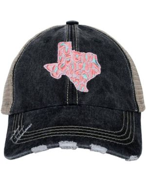 Katydid Leopard Texas State Embroidered Distressed Trucker Hat - Black
