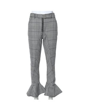 Self-Portrait Self Portrait Monochrome Checkered Ruffled Hem Belted Cropped Pants - Gray