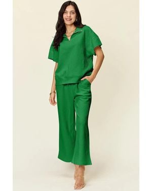 TRUEDAMES Full Size Texture Half Zip Short Sleeve Top And Pants Set - Green