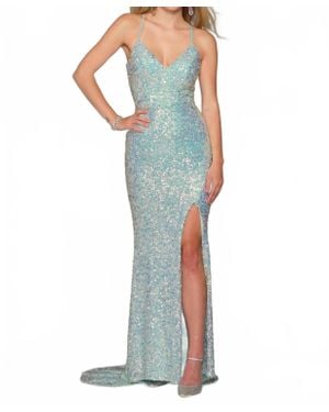 Dave & Johnny V Neck Side Slit Prom Dress - Blue