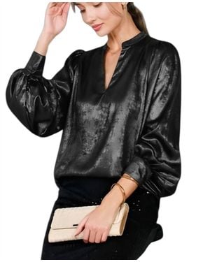 Vine & Love Long Balloon Sleeve Metallic Woven Blouse - Black