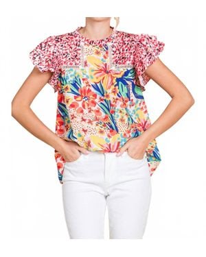 Jodifil Floral Print Frilled Neck Ruffle Cap Sleeve Top - White