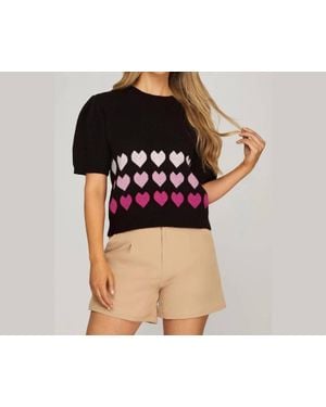 She + Sky Heart Puff Sleeve Sweater - Black