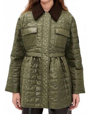 Ganni Shiny Quilted Midi Flare Jacket - Green