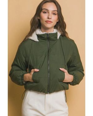 TRUEDAMES Zip Up Cropped Hooded Sherpa Reversible Jacket - Green