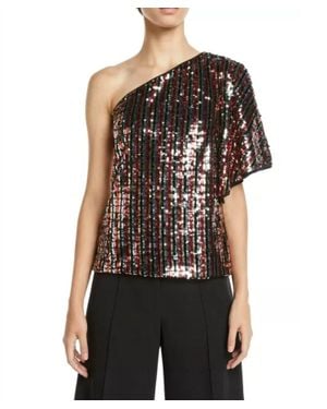 MILLY One Shoulder Sequined Butterfly Sleeve Top - Black