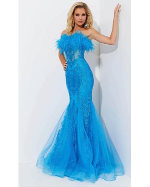 Jasz Couture Feather Strapless Prom Dress - Blue