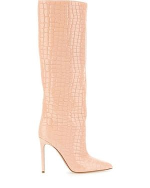 Paris Texas Knee-High Leather Boots With Glossy Crocodile Finish - Pink