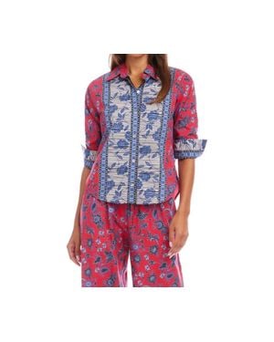Karen Kane Ruched Sleeve Border Print Shirt - Red