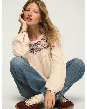 Lucky Brand Embroidered Yoke Peasant Top - Blue
