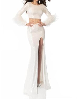 Ava Presley Sequin Set With Feathered Sleeves - White
