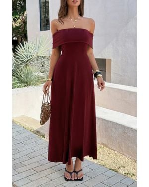 TRUEDAMES Off Shoulder Solid Backless Full Elegant Dress - Red
