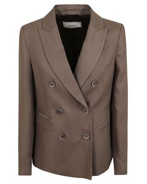 Peserico Double-Breasted Gabardine Linen Blazer With Classic Peak Lapels - Brown