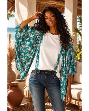 SurelyMine Floral Kimono Sleeve Top - Blue