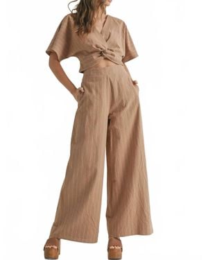 Miou Muse Stripe Pattern Twisted Front Top - Brown