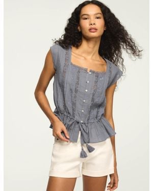 Lucky Brand Short Sleeve Lace Square Neck Top - Blue
