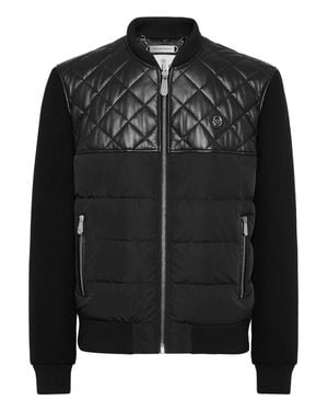 Philipp Plein Puffer Leather Bomber Jacket Ls - Black