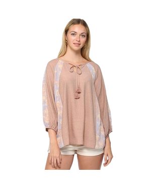 TRUEDAMES Solid Crinkle And Print Mix Raglan Sleeve Top With Tassel Tie - Pink