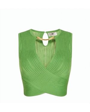 Elisabetta Franchi Sleeveless Perforated Ribbed Knitted Jewel Top - Green