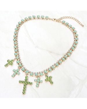 Fashnzfab Crystal Cross Charm Station Layered Statement Necklace - Metallic