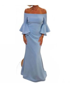 Jovani Scuba Off The Shoulder Bell Sleeves Dress - Blue