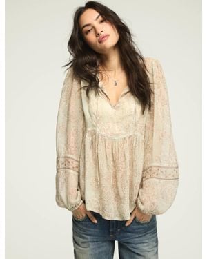 Lucky Brand Long Sleeve Paisley Print Mix Peasant Top - Natural