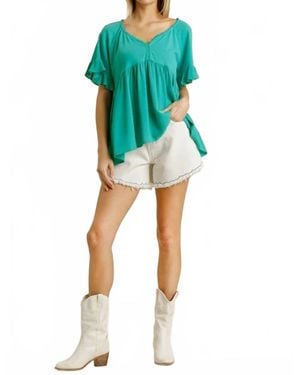 Umgee Paisley Babydoll Top With High Low Hem - Green