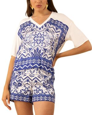 Hale Bob Jazmine Short Sleeve Silk-Blend Top - Blue