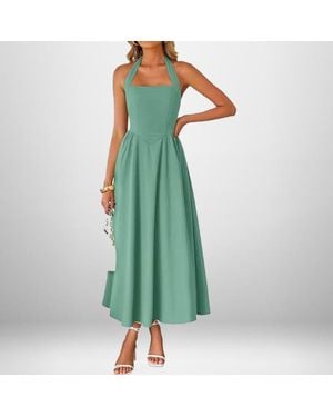 TRUEDAMES Summer Fashion Temperament Wide Suspender Neck Halter Dress - Green