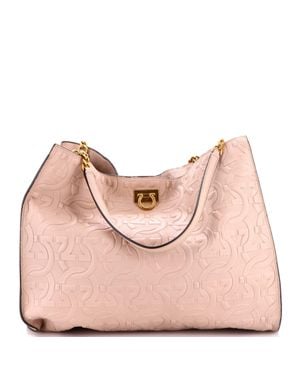 Ferragamo Trifolio Tote Gancini Embossed Leather - Pink