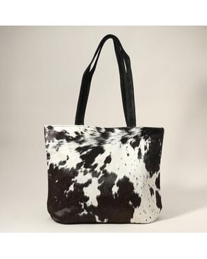 Fashnzfab Cow Patterned Genuine Fur Calf Tote Bag Shoulder Bag - Black