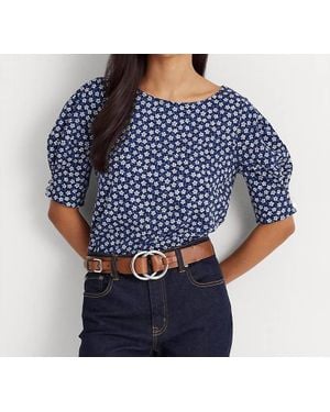 Ralph Lauren Slub Jersey Puff-Sleeve Top - Blue