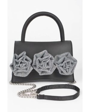 Fashnzfab Faux Leather Rhinestone Hot Fix Flower Bag - Gray
