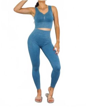 SurelyMine Wash Soft Ribbed Texture Scrunch Butt Pant Set - Blue