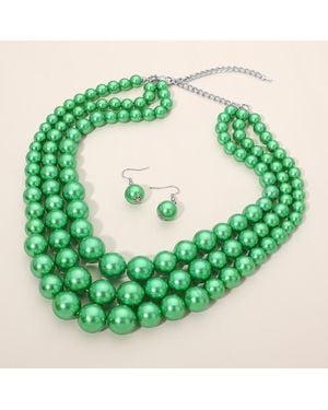 Fashnzfab Bold Beaded Triple Layered Statement Necklace - Green