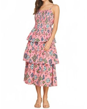 Strut & Bolt Printed Pintucked Tiered Midi Dress