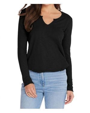 Bobi Split V-Neck Tee With Raw Cut Binding - Black