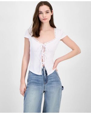 Just Polly Top Lace Trim Tie Front Cap Sleeve Sweetheart Neck Pal92 - Blue