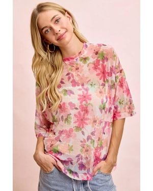 TRUEDAMES Floral Print Short Sleeves Boxy Mesh Top - Pink